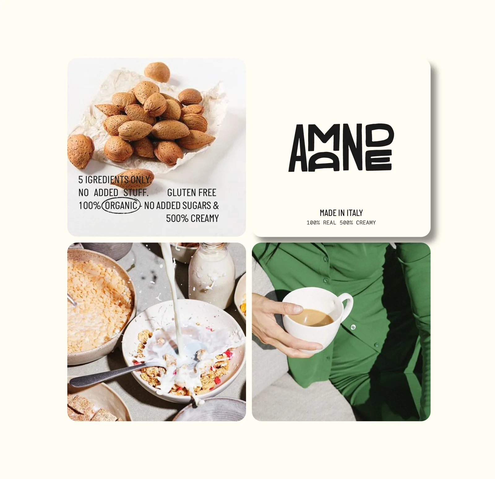 Grid del manual de marca: almendras, claims del producto y el monograma de Amande