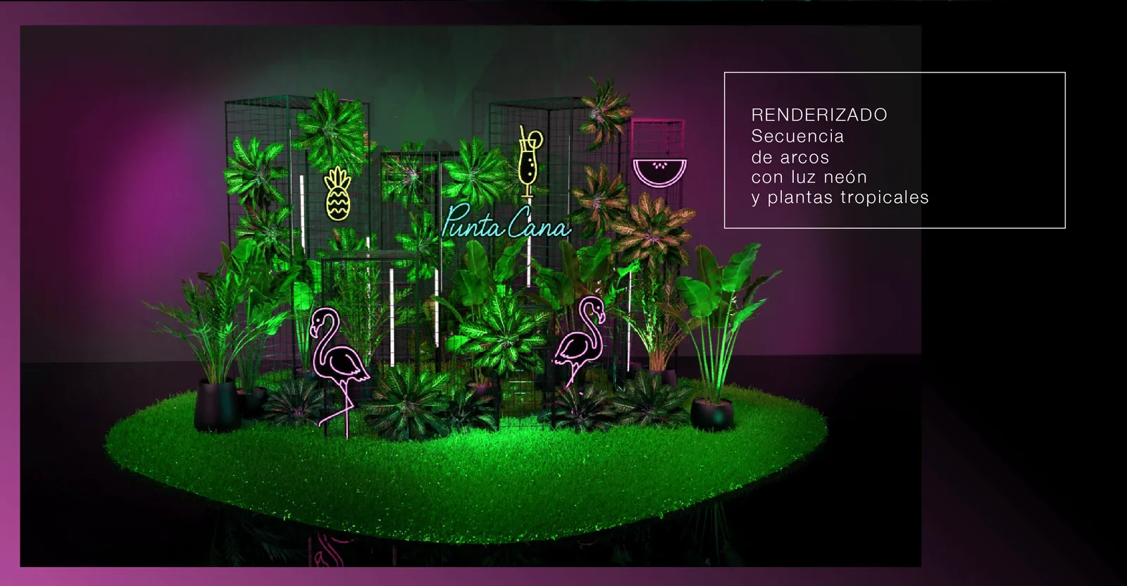 Render de la secuencia de arcos con luz neón, flamencos y plantas tropicales
