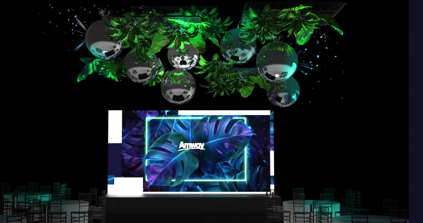 Render del escenario con esferas espejadas, plantas colgantes y pantalla led