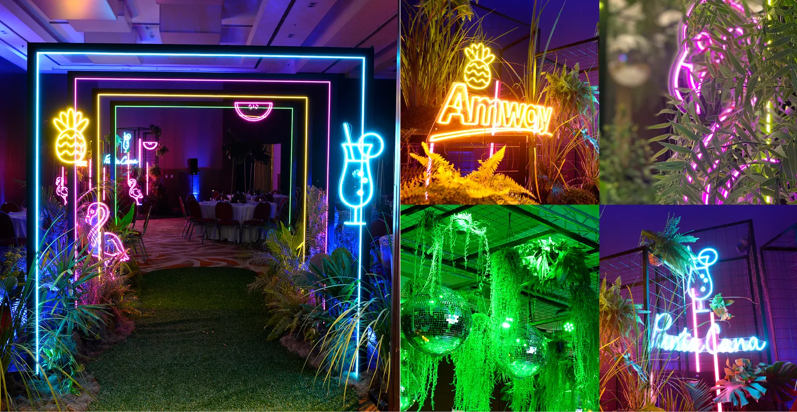 Fotos del túnel de arcos de neón realizado, con los carteles de Amway y Punta Cana