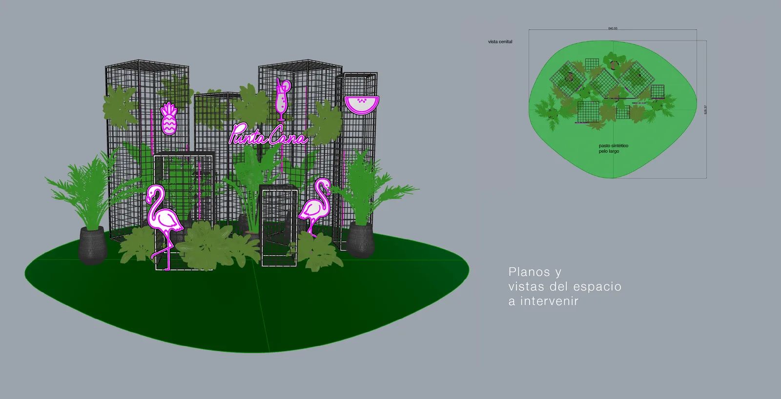 Planos y vistas del espacio a intervenir con la escenografía de plantas y neones