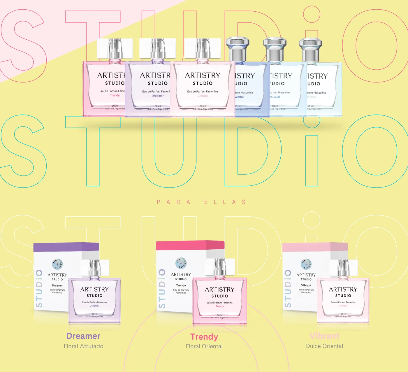 Lineup de las seis fragancias y los packs para ellas: Dreamer, Trendy y Vibrant