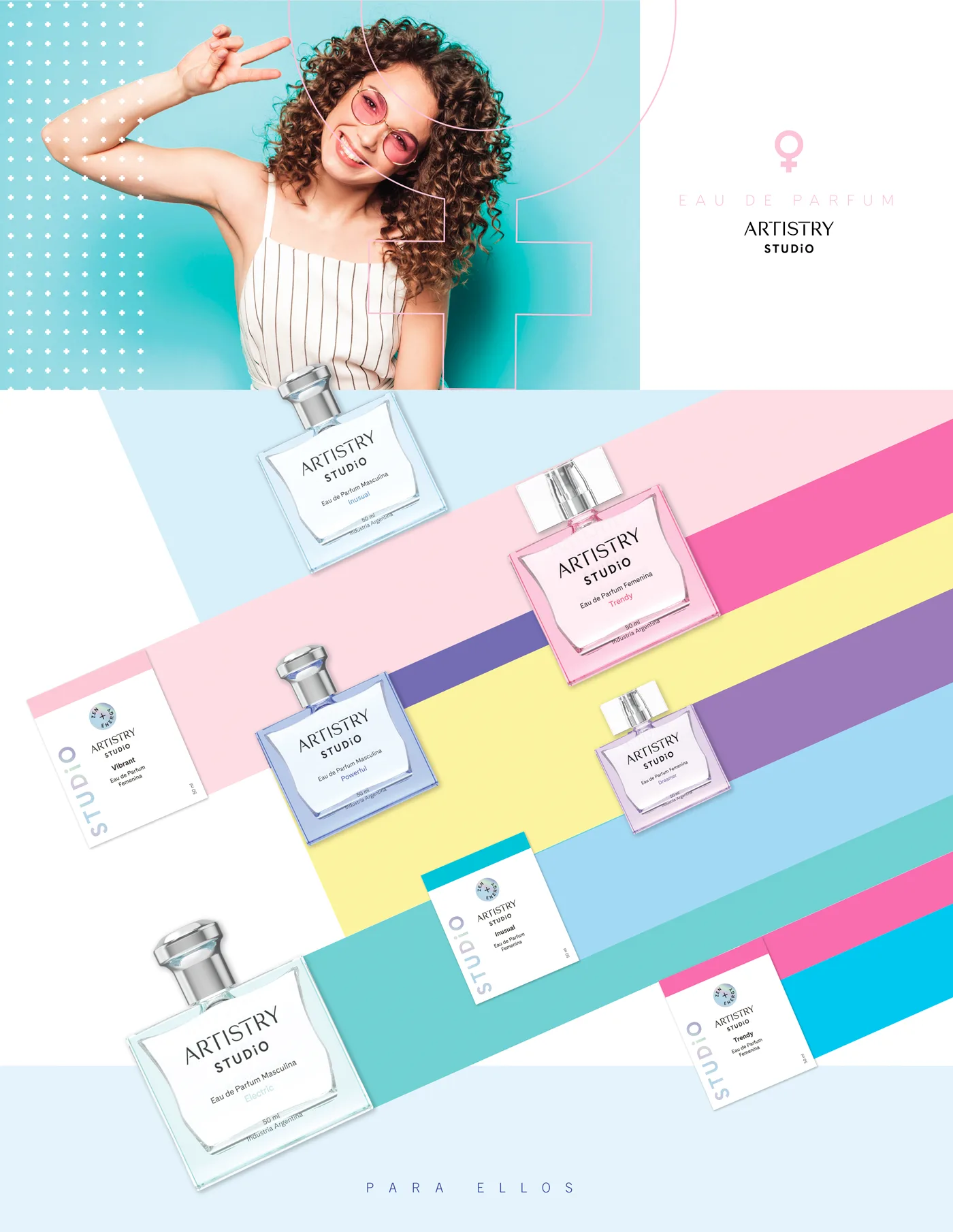 Gráfica de campaña para ellas con frascos y tarjetas sobre franjas de color pastel