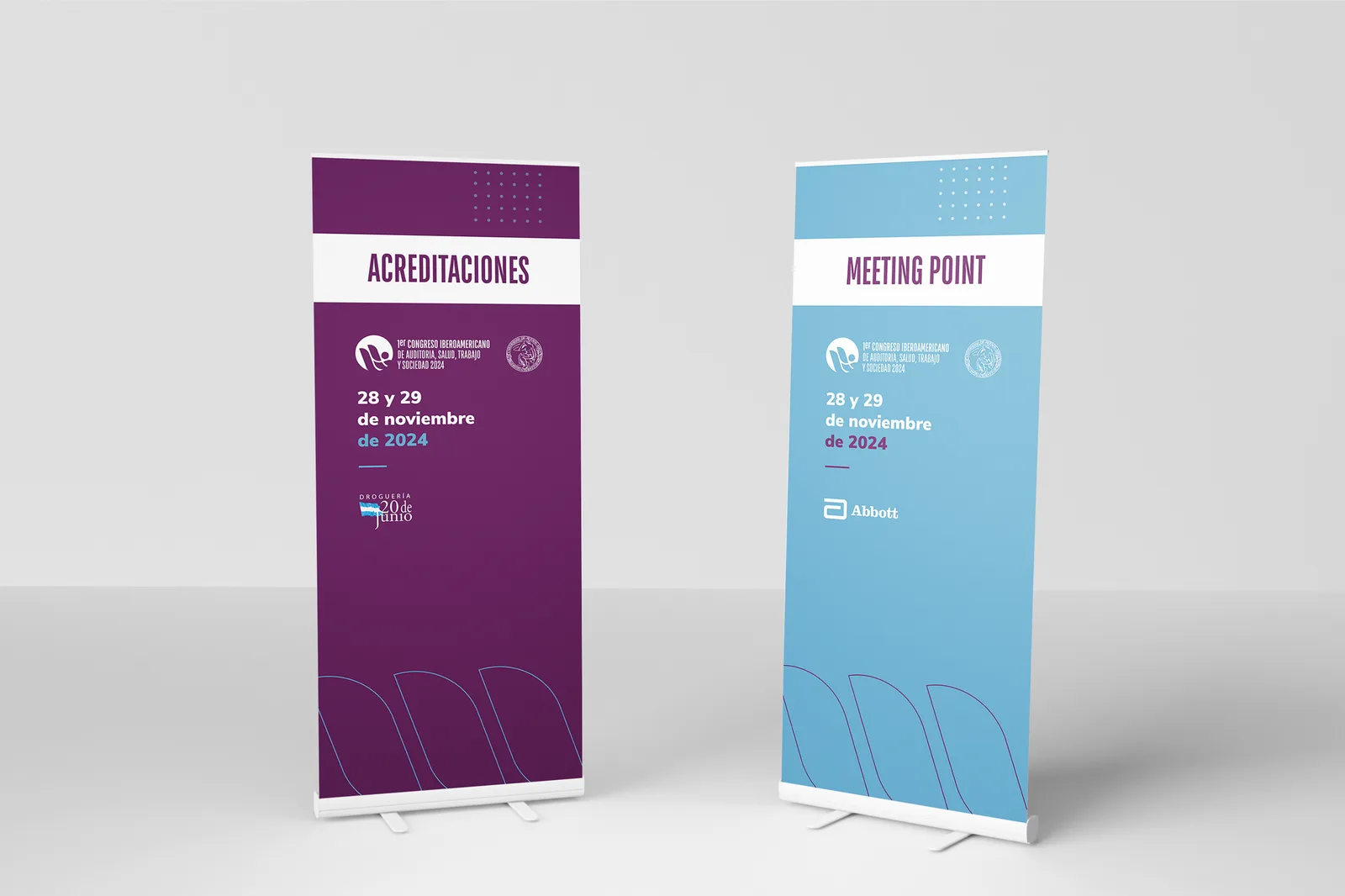 Banners roll-up de acreditaciones y meeting point con el sistema gráfico del congreso