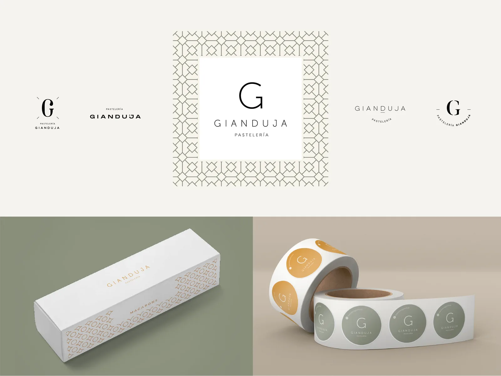 Sistema de logos de Gianduja Pastelería con la trama geométrica, caja de macarons y stickers
