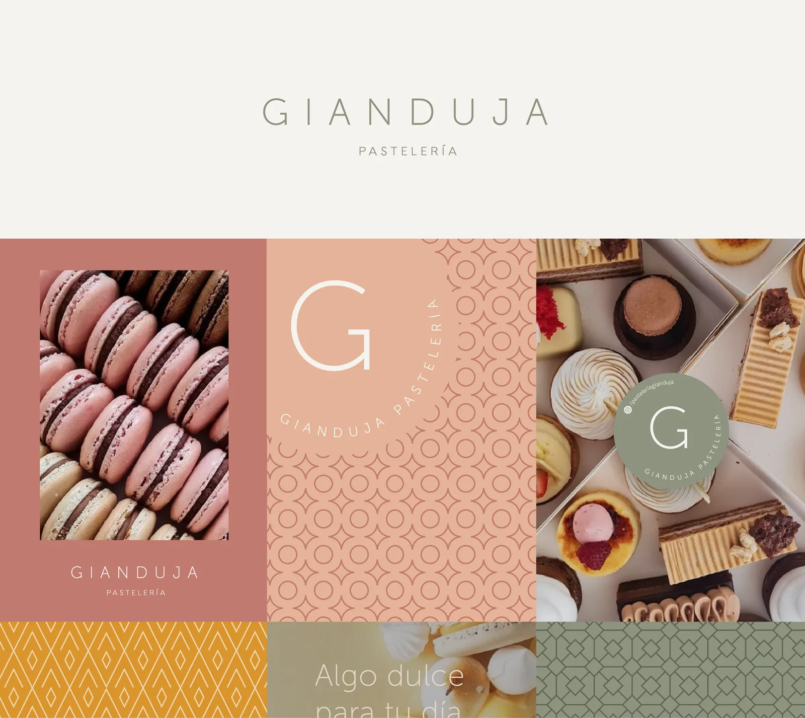 Logotipo de Gianduja y grilla de aplicaciones: posters de macarons, monograma y fotografía de pastelería
