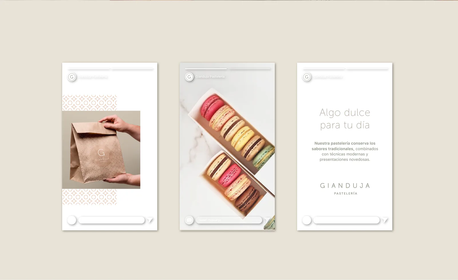 Historias de Instagram de Gianduja: bolsa kraft, caja de macarons y mensaje algo dulce para tu día
