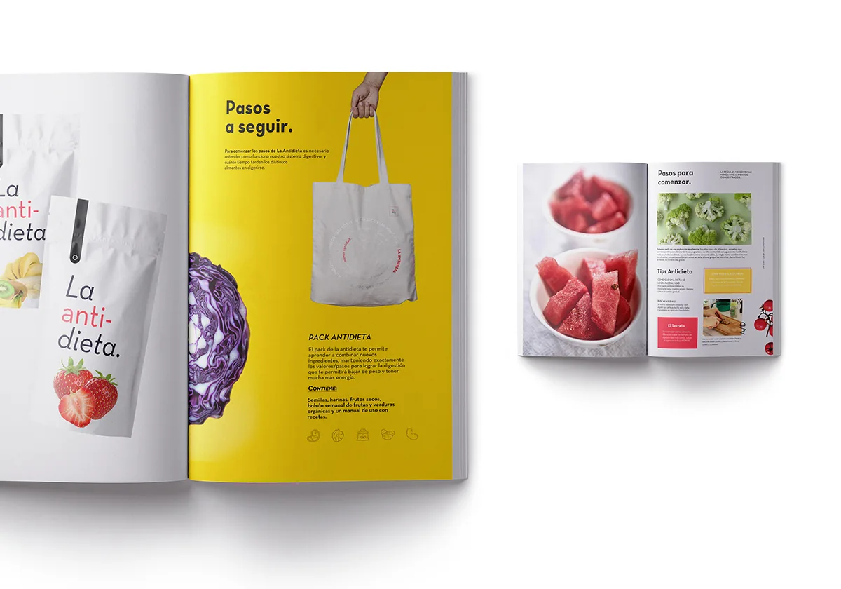 Spread Pasos a seguir con los packs de La Antidieta y la tote bag del sistema