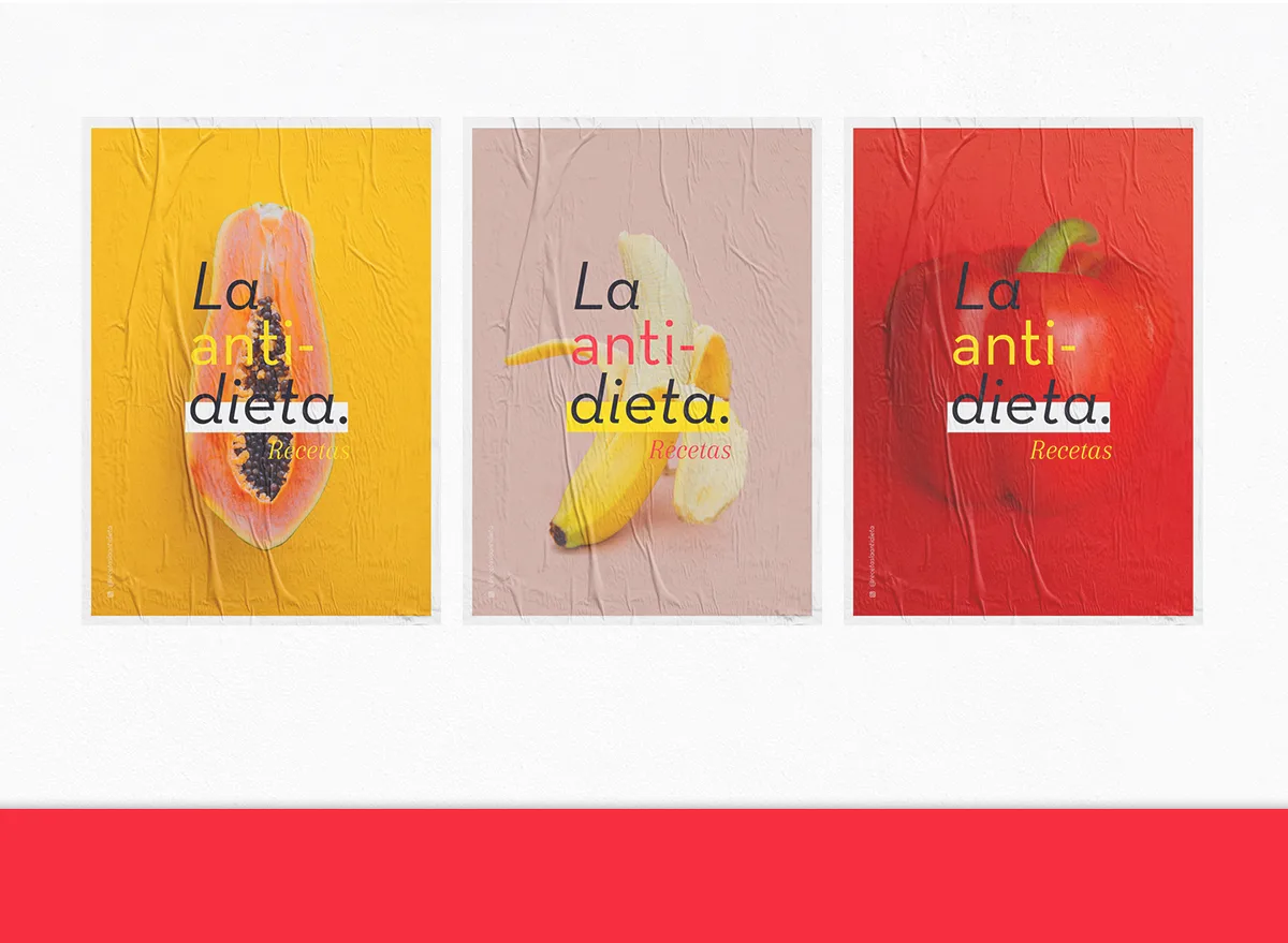 Serie de posters de La Antidieta con papaya, banana y manzana