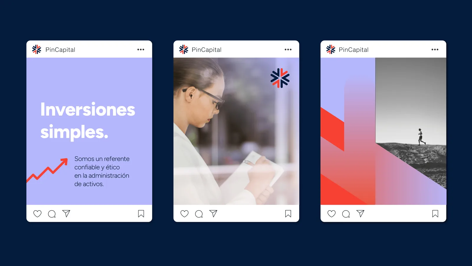 Posts de Instagram diseñados con el sistema visual de Pin Capital