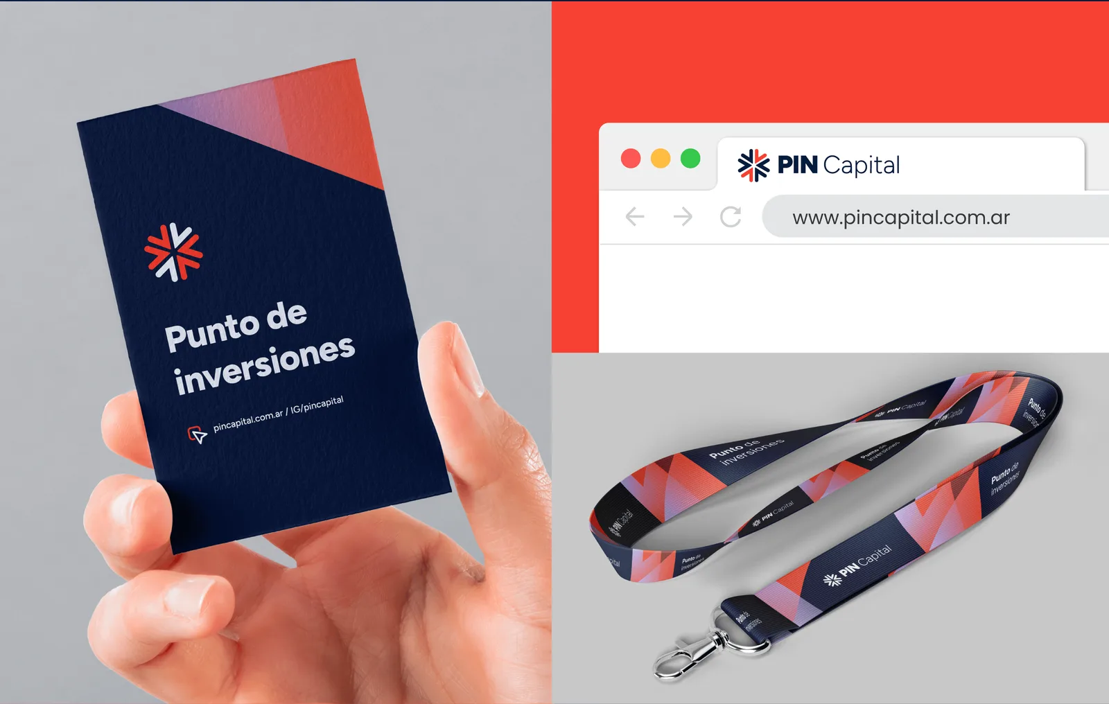 Tarjeta personal, sitio pincapital.com.ar y lanyard con la gráfica de la marca