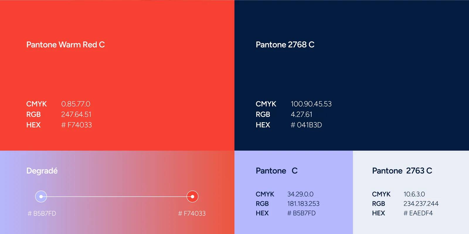 Paleta de colores de la marca: rojo cálido, azul marino y degradés
