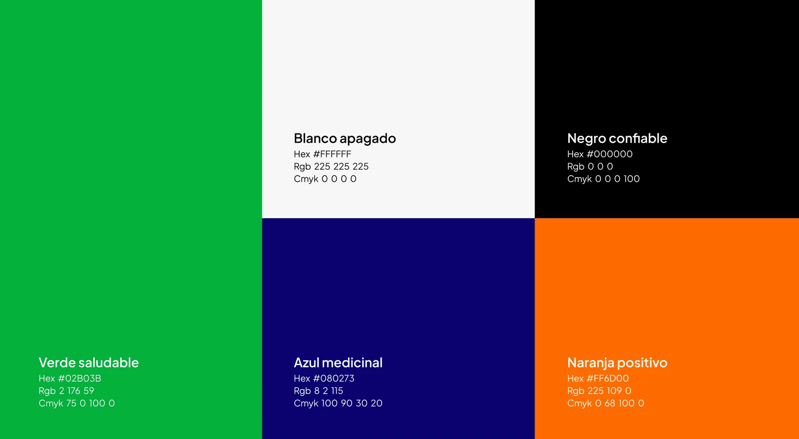 Paleta de la marca: verde saludable, azul medicinal, naranja positivo, blanco y negro