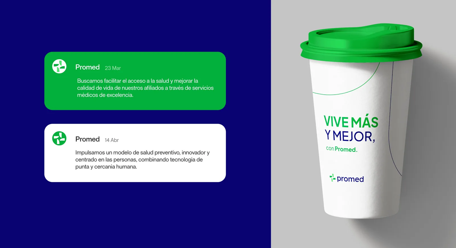 Posts institucionales y vaso con el mensaje Vive más y mejor con Promed