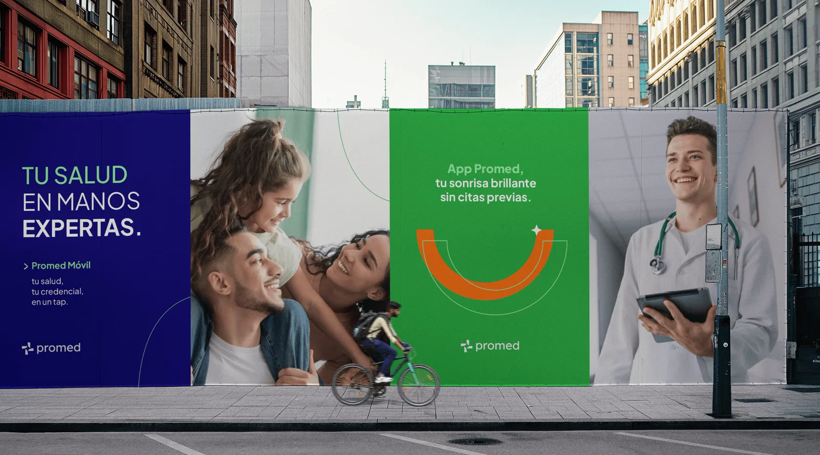 Campaña de vía pública de Promed: tres carteles en la calle con el sistema de marca